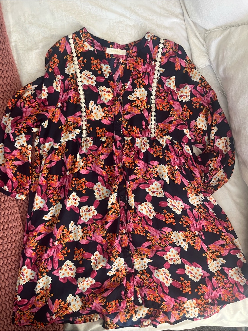 Entro Black Floral Peasant Tunic with Pink & Orange Blooms
